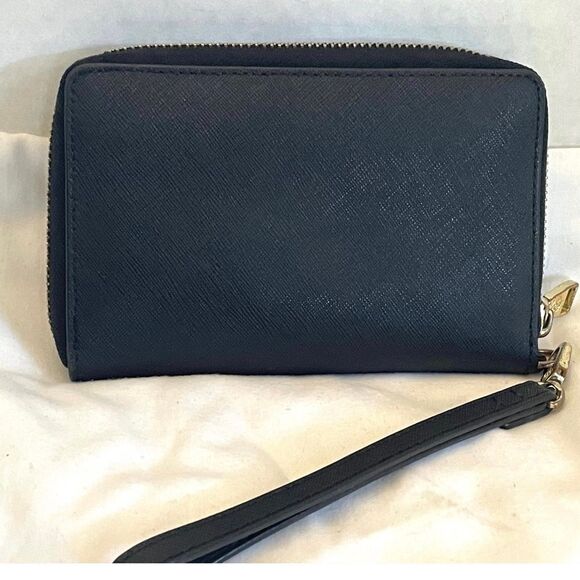 TORY BURCH Emerson Wristlet Pouch Zip Wallet Black Saffiano Leather Gold Logo - Picture 2 of 7